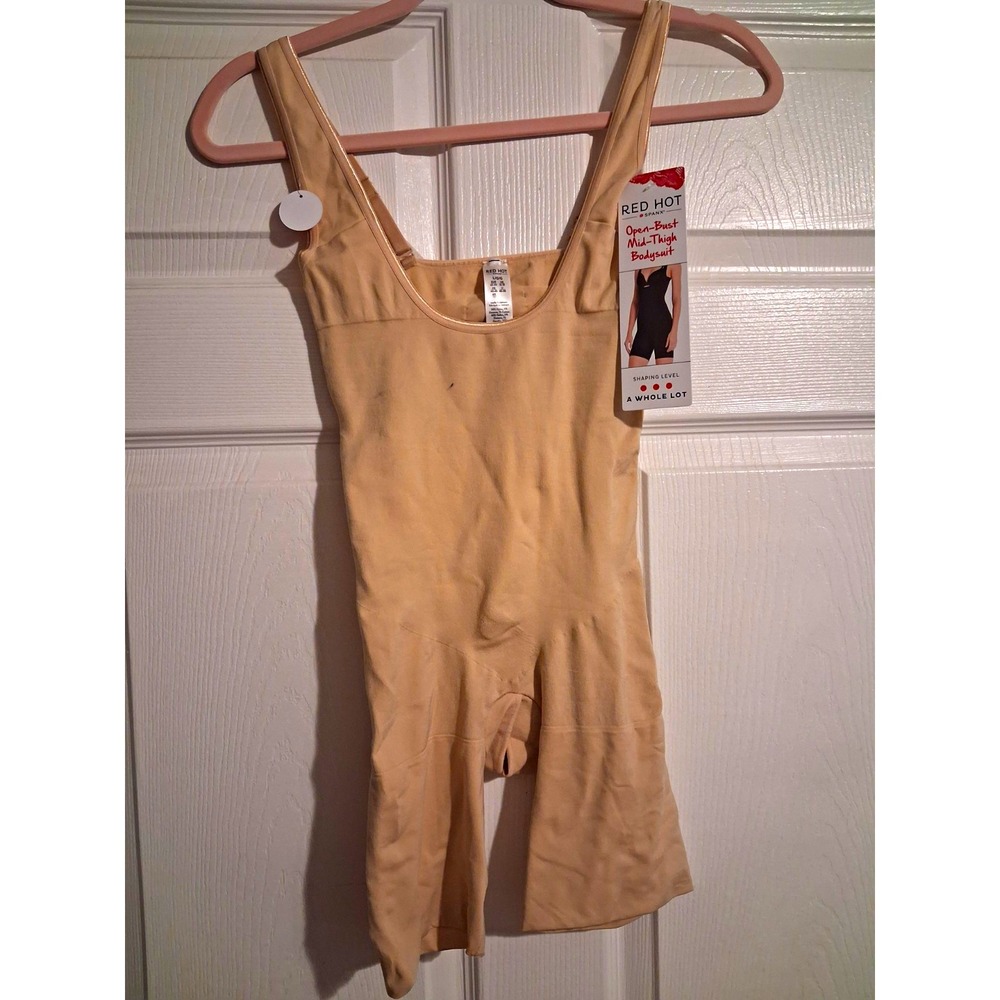 NWT Red Hot by Spanx Bodysuit LG Nude Open Bust Mid Thigh Shapewear